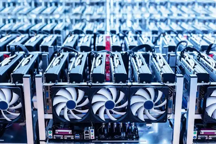 A picture depicting the interior of a large-scale mining farm with rows of mining machines and cooling infrastructure.