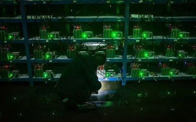 Picture of a mining farm with rows of mining rigs.